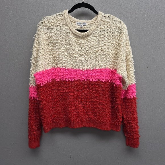 Woven Heart Sweaters - Woven Heart Sweater Womens Medium Cream Pink Red Colorblock Boucle Loop Knit